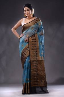 Cerulean Blue Organza Handwoven Saree With Zari Ethnic Designs
