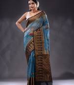 Cerulean Blue Organza Handwoven Saree With Zari Ethnic Designs