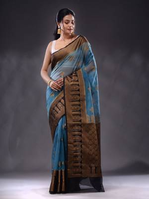Cerulean Blue Organza Handwoven Saree With Zari Ethnic Designs 2