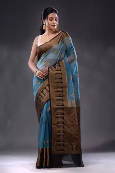 Cerulean Blue Organza Handwoven Saree With Zari Ethnic Designs