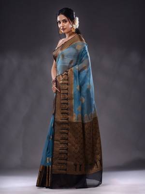 Cerulean Blue Organza Handwoven Saree With Zari Ethnic Designs 3