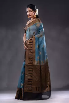 Cerulean Blue Organza Handwoven Saree With Zari Ethnic Designs