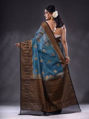 Cerulean Blue Organza Handwoven Saree With Zari Ethnic Designs 4