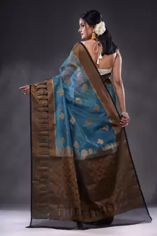Cerulean Blue Organza Handwoven Saree With Zari Ethnic Designs