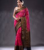 Shocking Pink Organza Handwoven Saree With Zari Ethnic Designs