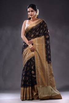 Black Georgette Handwoven Saree With Zari Woven Nakshi Designs