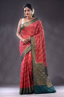 Pink Georgette Handwoven Saree With Zari Woven Floral Designs