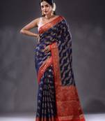 Navy Blue Georgette Handwoven Saree With Zari Woven Floral Designs