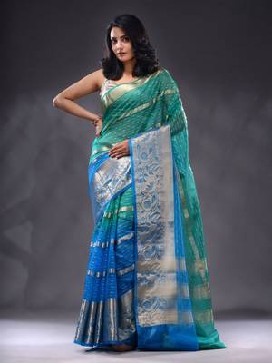 Sea Green And Sky Blue Organza Handwoven Saree With Nakshi Designs & Stripe Pattern 1