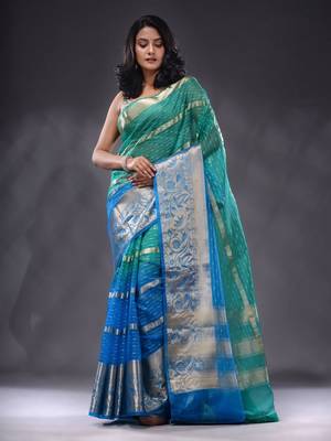 Sea Green And Sky Blue Organza Handwoven Saree With Nakshi Designs & Stripe Pattern 2