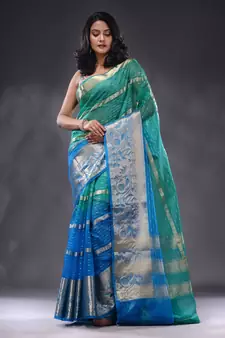 Sea Green And Sky Blue Organza Handwoven Saree With Nakshi Designs & Stripe Pattern