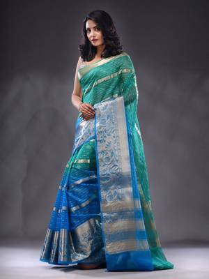 Sea Green And Sky Blue Organza Handwoven Saree With Nakshi Designs & Stripe Pattern 3