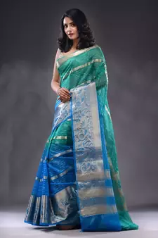 Sea Green And Sky Blue Organza Handwoven Saree With Nakshi Designs & Stripe Pattern