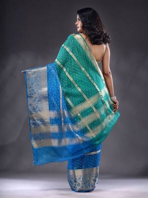 Sea Green And Sky Blue Organza Handwoven Saree With Nakshi Designs & Stripe Pattern 4