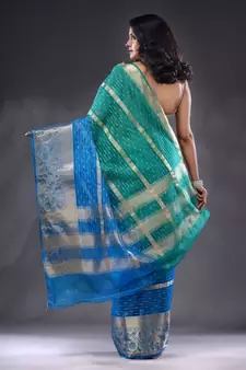 Sea Green And Sky Blue Organza Handwoven Saree With Nakshi Designs & Stripe Pattern