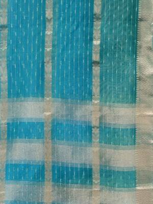 Sea Green And Sky Blue Organza Handwoven Saree With Nakshi Designs & Stripe Pattern 5