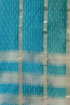 Sea Green And Sky Blue Organza Handwoven Saree With Nakshi Designs & Stripe Pattern