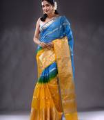 Azure Blue And Yellow Organza Handwoven Saree With Nakshi Designs & Stripe Pattern