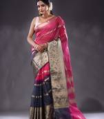 Fuchsia And Navy Blue Organza Handwoven Saree With Nakshi Designs & Stripe Pattern