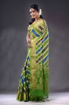 Multicolor Organza Handwoven Saree With Zari Woven Designs