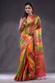 Multicolor Organza Handwoven Saree With Zari Woven Designs And Patterns