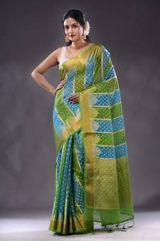 Green And Skye Blue Organza Handwoven Saree With Zari Woven Designs And Patterns