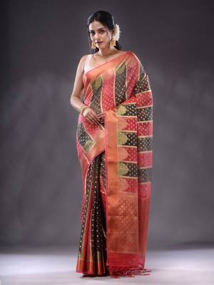Fuchsia And Black Organza Handwoven Saree With Zari Woven Designs And Patterns 1