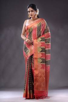 Fuchsia And Black Organza Handwoven Saree With Zari Woven Designs And Patterns