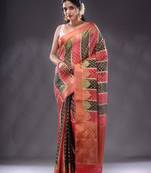 Fuchsia And Black Organza Handwoven Saree With Zari Woven Designs And Patterns