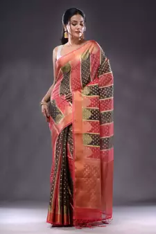 Fuchsia And Black Organza Handwoven Saree With Zari Woven Designs And Patterns