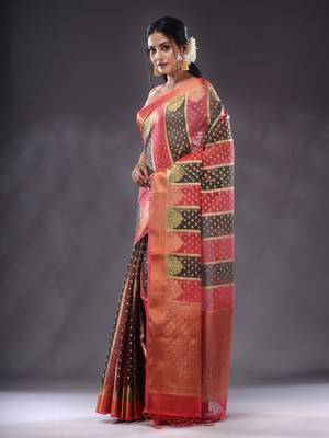 Fuchsia And Black Organza Handwoven Saree With Zari Woven Designs And Patterns 3