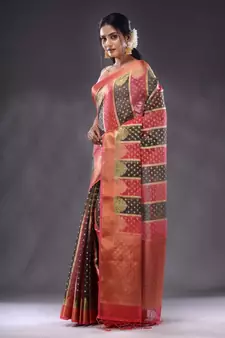 Fuchsia And Black Organza Handwoven Saree With Zari Woven Designs And Patterns