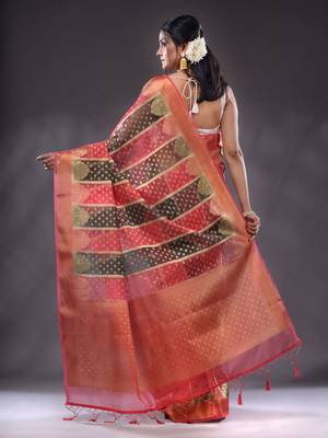 Fuchsia And Black Organza Handwoven Saree With Zari Woven Designs And Patterns 4