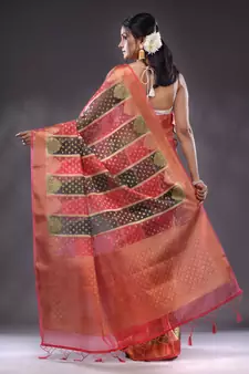 Fuchsia And Black Organza Handwoven Saree With Zari Woven Designs And Patterns