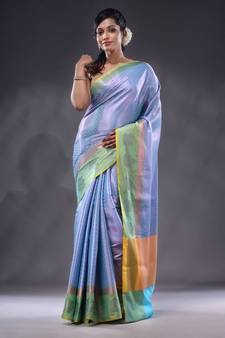 Sky Blue Handwoven Brocade Silk Saree With Zari Woven Ethnic Designs