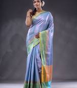 Sky Blue Handwoven Brocade Silk Saree With Zari Woven Ethnic Designs