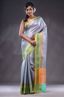 Sea Green Handwoven Brocade Silk Saree With Zari Woven Ethnic Designs