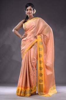 Yellow Handwoven Brocade Silk Saree With Zari Woven Ethnic Designs