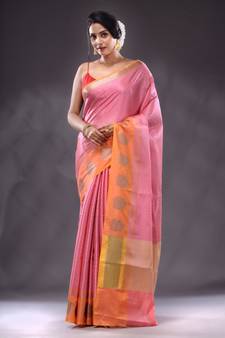 Pink Handwoven Brocade Silk Saree With Zari Woven Ethnic Designs