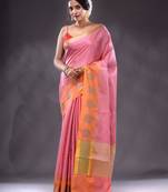 Pink Handwoven Brocade Silk Saree With Zari Woven Ethnic Designs