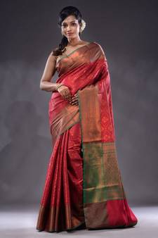 Burgundy Handwoven Brocade Silk Saree With Zari Woven Nakshi Designs