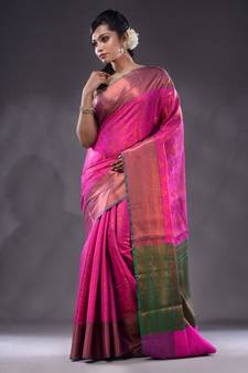 Shocking Pink Handwoven Brocade Silk Saree With Zari Woven Nakshi Designs