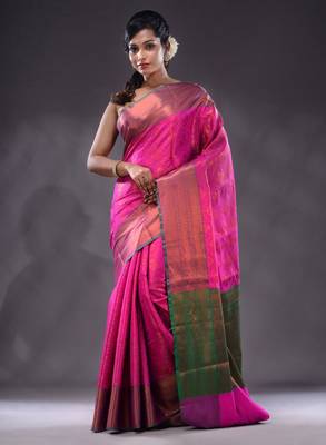 Shocking Pink Handwoven Brocade Silk Saree With Zari Woven Nakshi Designs 2