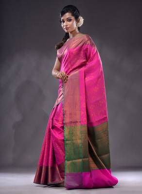 Shocking Pink Handwoven Brocade Silk Saree With Zari Woven Nakshi Designs 3
