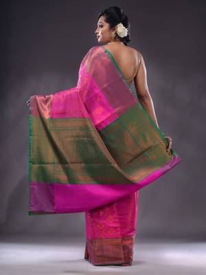 Shocking Pink Handwoven Brocade Silk Saree With Zari Woven Nakshi Designs 4