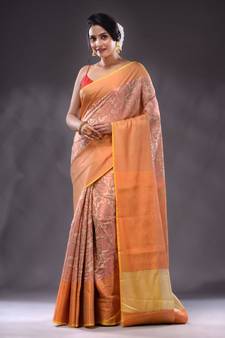 Cream Handwoven Brocade Silk Saree With Zari Woven Designs