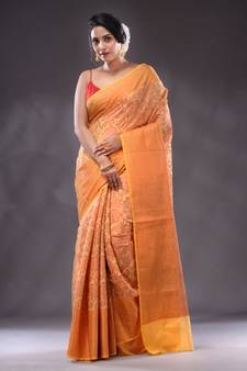 Light Yellow Handwoven Brocade Silk Saree With Zari Woven Designs