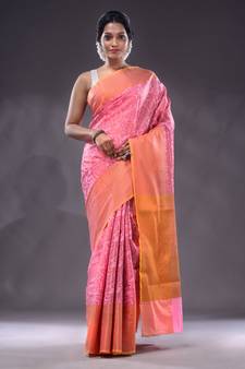 Pink Handwoven Brocade Silk Saree With Zari Woven Designs
