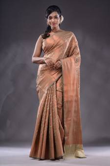 Beige Handwoven Brocade Silk Saree With Zari Woven Designs