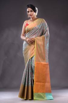 Sea Green Handwoven Brocade Silk Saree With Zari Woven Designs